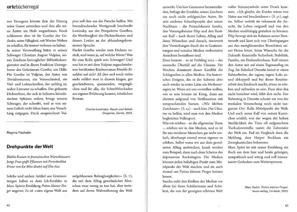 orte-Literaturzeitschrift. "Drehpunkte der Welt", eine Rezension von Regina Füchslin zu Marc Spänis Erzählung "Putins kleiner Finger".